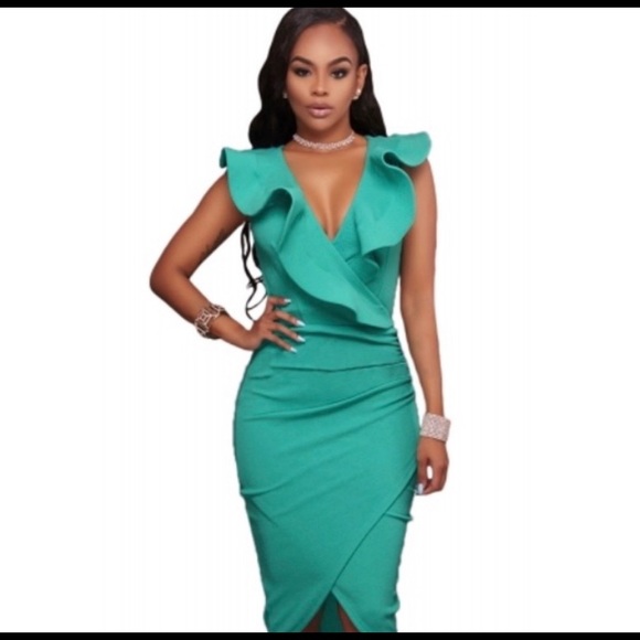 Turquoise ruffle midi bodycon dress - Picture 1 of 2